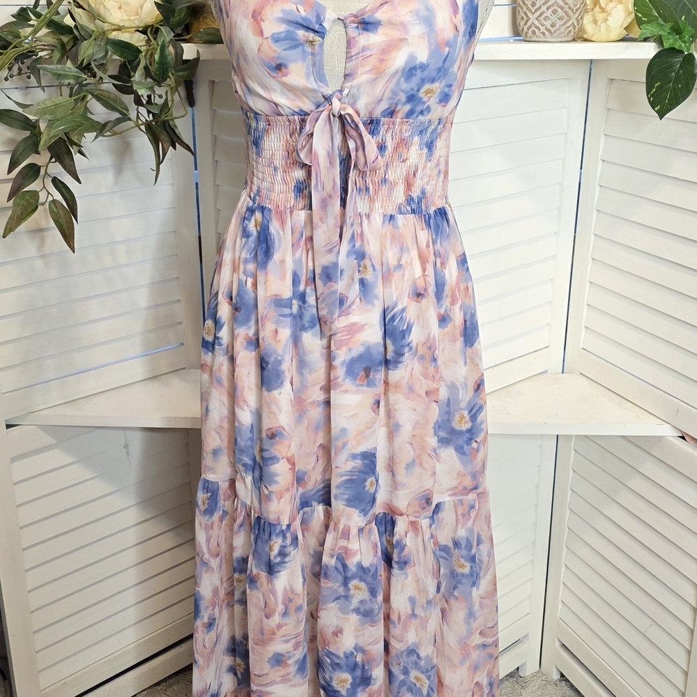 Jacqui E Pastel Coral Blue Floral Maxi Dress Small 1434